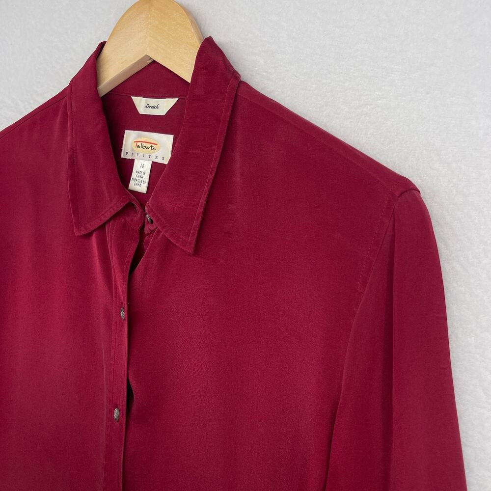 TALBOTS Top 14 Petite Stretch Silk Shirt Blouse Button Up Long Sleeve Red Vtg - Picture 2 of 11